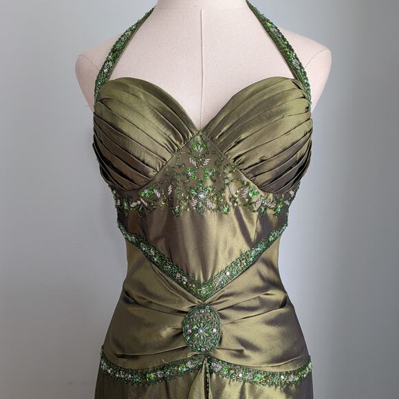 Vintage Prom Dress Maxi Gown S Green Y2K Fairy Princess Ruffle Glam Bead  Halter